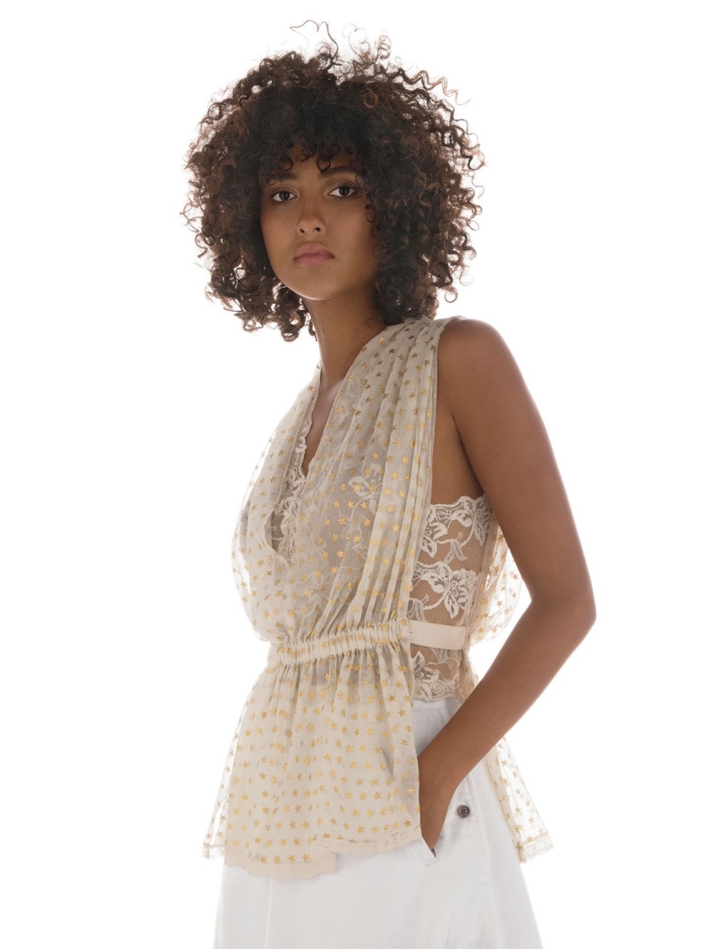 Free People Sheer Lace Peplum Camisole in Beige with Gold Stars